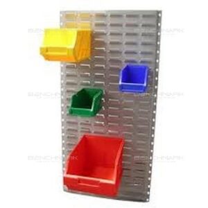 Steel-Louvre-panels-with-bins-benchmark-shelving-storage