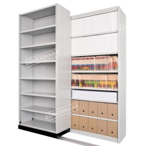 Ezi-Glide Extenda Mobile Shelving System from Benchmark Shelving and Storage Containing Folders, Organizers, and Files